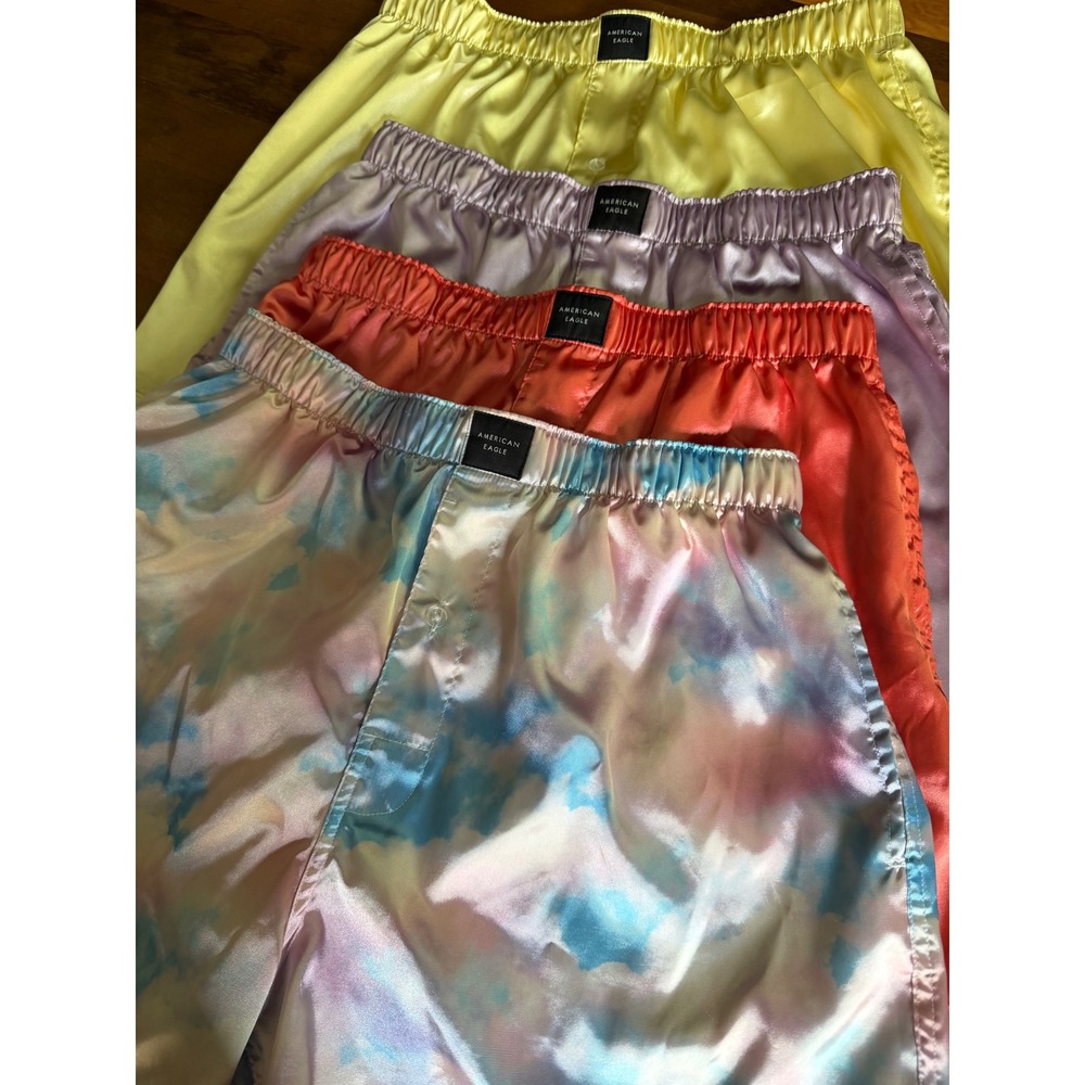 4 Pack American Eagle Satin Boxer Shorts Large Yellow Lavender Coral Tie Dye